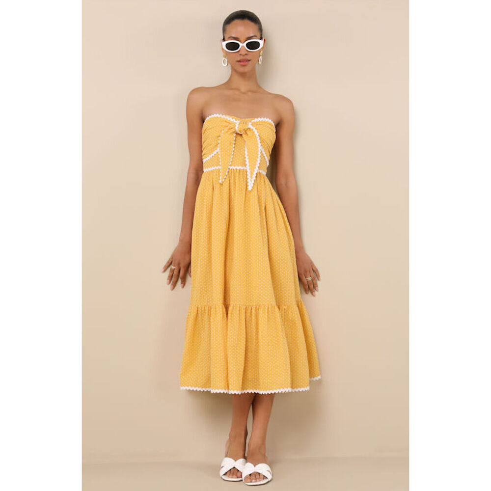 Lulus Delightful Design Yellow Polka Dot Midi Dress With Pockets - Size S